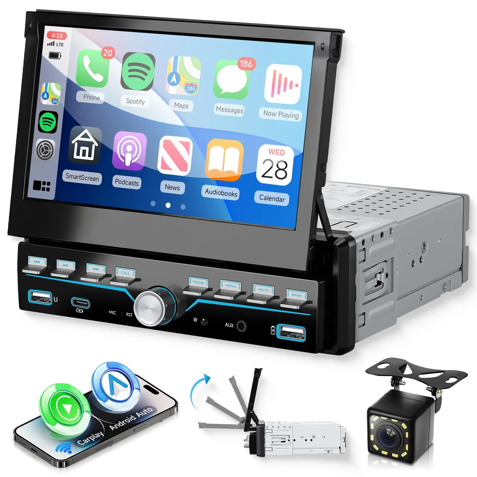 Podofo 1 Din CarPlay Car Stereo - 7 In Manual Folding IPS Display Touchscreen, Wireless Android Auto, MirrorLink, Bluetooth, FM Radio, EQ, Steering Wheel Control, Backup Camera, USB/Type-C