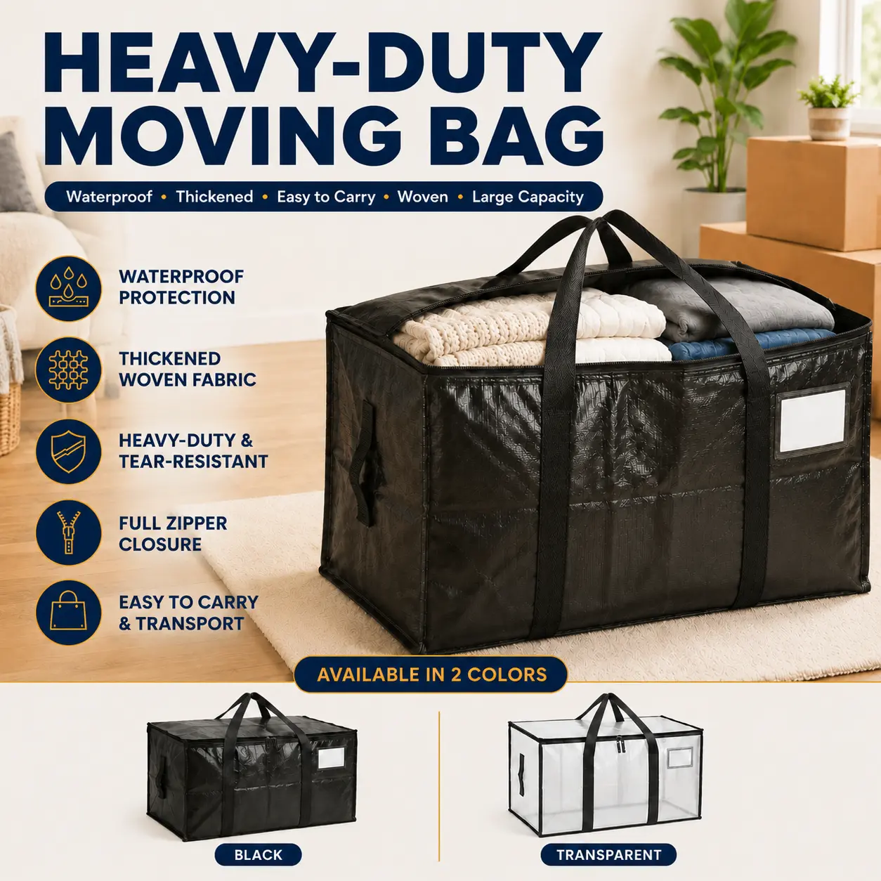 Large Moving Bags with Handles, Heavy Duty Storage Bags, Waterproof Woven Packing Bags for Moving, Clothes, Bedding, Dorm, Toys, Books, Tools