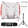 VEVOR 7x7 ft Polyester Baseball Softball Practice Net, Portable Sturdy & Anti-Tipping Bow Frame Training Net for Adults Hitting, Batting Tee (27.6–42.1"), Backstop Equipment with Carry Bag, Strike Zone, Ball