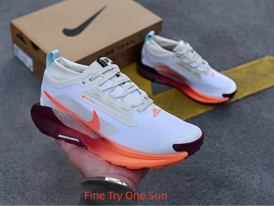 Cream off-white low-top collectible sneakers, tear-resistant trail mesh with gradient orange & burgundy side graphics