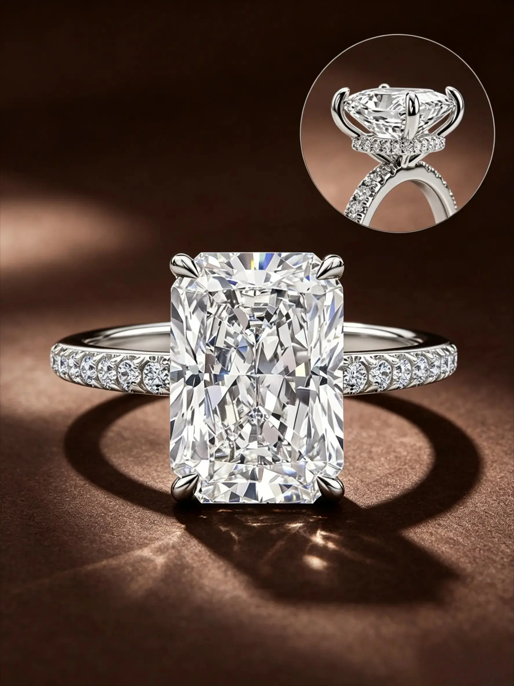 Eco-Friendly Copper Gold-Plated Ice Flower Cut Rectangle Imitation Diamond Ring, 4-Prong Setting With Pavé Band, Luxury Pave Engagement Ring, Anniversary Gift For Women (With Gift Box)