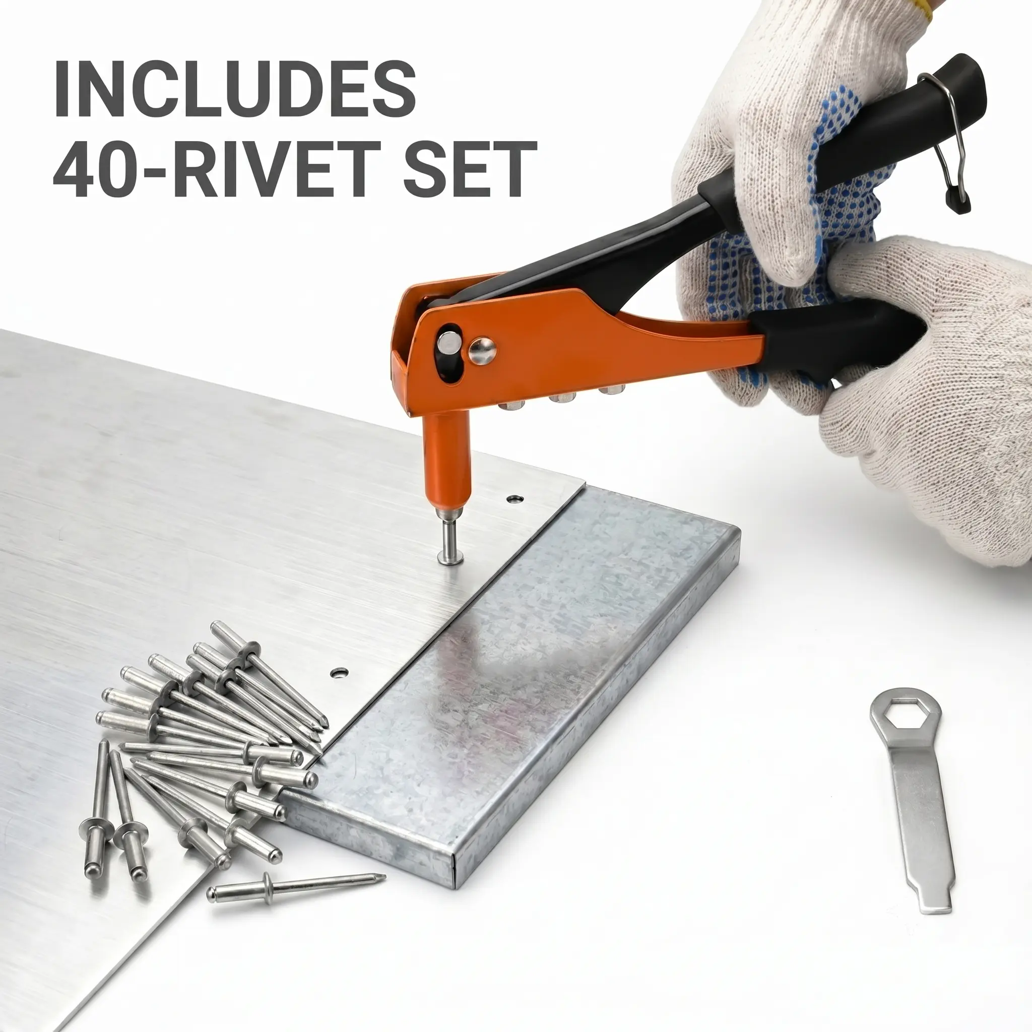 9.5" Heavy Duty Hand Riveter Tool Kit with 40 Pcs Rivets - Professional Pop Rivet Gun, Ergonomic Non-Slip Handle, Blister Case for Metal, Plastic DIY Projects, Furniture, Secure Permanent Bond