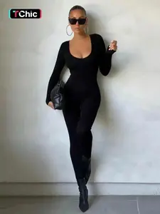 Women's Long Sleeve U Neck Bodycon Jumpsuit Comfort Casual Breathable Skinny for Workout Yoga Fitness Fall Winter Y2k Activewear, Gym Essential, Breathable Fabric, Stretch Fabric, Workout Clothes, Athletic Gear