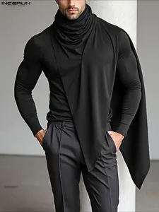 INCERUN Men's Simple Solid Color Pile Collar Deconstructed Knit Long Sleeve T-Shirt, Casual Daily Wear, Comfortable and Stylish, Tops, Menswear