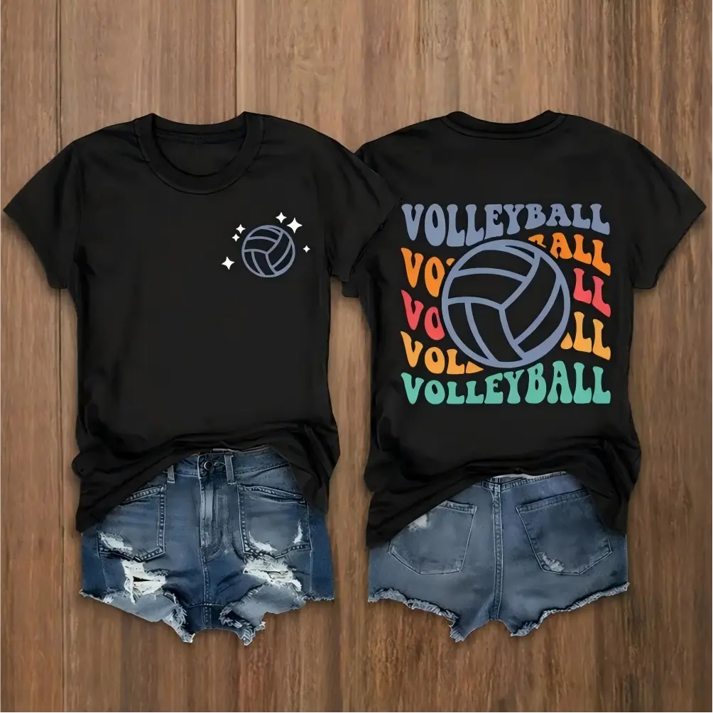 Women's Volleyball Graphic Round Neck Short Sleeve T-Shirt - Stylish Letter Print Top, Basic Casual Sporty Athletic Leisurewear for Spring & Summer, Shortsleeve, Tshirt, Everyday, Letter Graphics, Cotton, Fabric