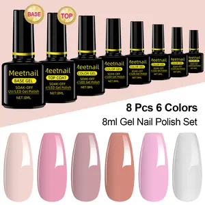 MeetNail 8pcs Gel Nail Polish Set 6 Color Gel Polish with Base Coat and Glitter Top Coat Cutics Pink Blue Green Collection Women's Cosmetic Gifts Manicure Supplies Nail Extension Nail Care