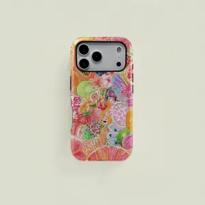 Pink watercolor-style colorful fruit patchwork protective case, sturdy and durable 2-in-1 case, compatible with iPhone 17/16/15/14/13/12/11 Pro Max/Plus/Pro, Samsung Galaxy S25/S24/S23 Ultra series, simple and stylish phone case.