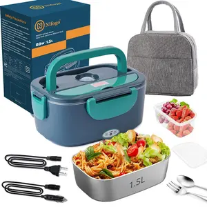 Electric Lunch Box 80W 1.5L Stainless Steel Bento Warmer with Indicator Light & Portable Tableware Set for Home Office Travel Food Quick Storage Fork 80W/1.5L/Black