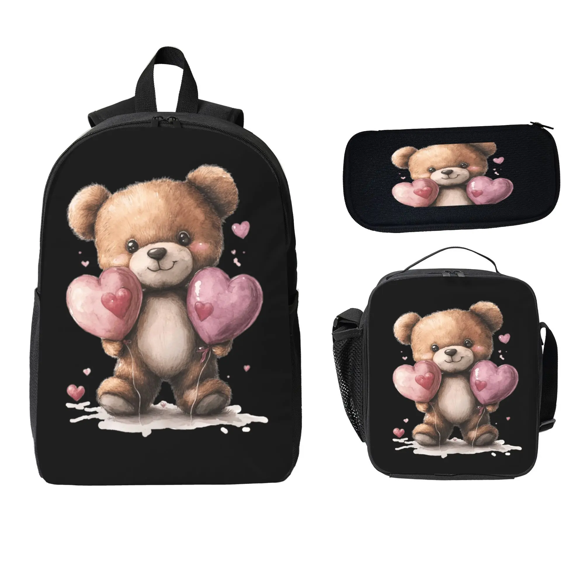 Cute Watercolor Heart Teddy Bear Backpack Set 3 Pieces, Kawaii Pink Love Bear Bookbag with Insulated Lunch Bag Pencil Case, Coquette Soft Aesthetic Back to School Backpack for Teen Girls Kids Toddlers