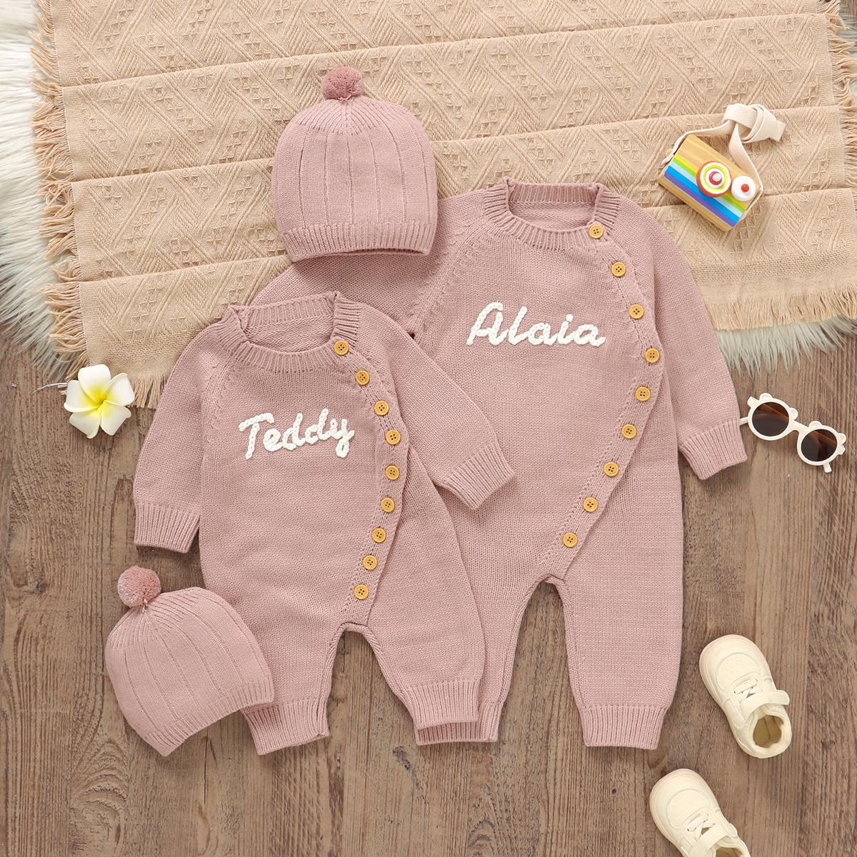 Mimixiong Handmade Embroidery Custom Baby Name Romper Sweater Coat, Newborn Soft Knitted Fabric, Comfortable Fit, Unique Baby Sweater Set with Baby Hat