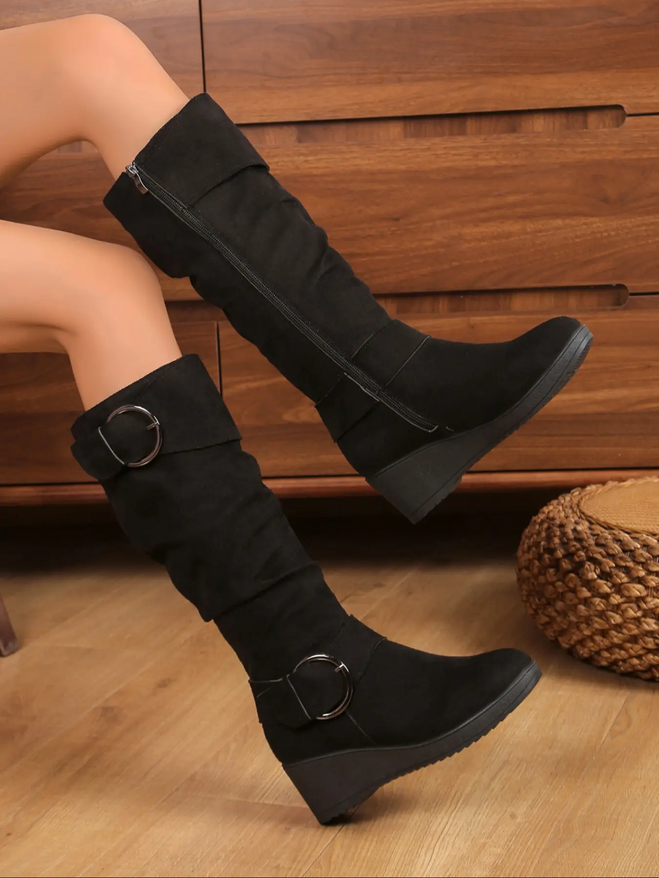 Women's Overknee Boots, Ruched Boot, Thick Wedge Heel, Metal Ring Detail, Elastic Side Zipper, Fashionable & Comfortable Footwear