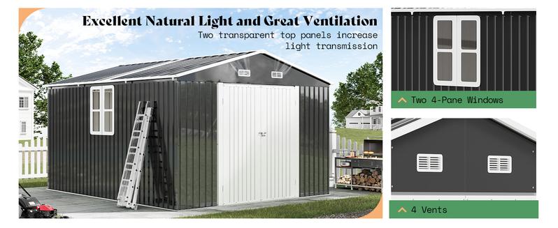 【Ships in 3 Boxes】AMERLIFE Galvanized Steel Storage Shed with 2 4-Pane Windows Hinged Double Doors, Outdoor Shed for Backyard, Garden, Patio, Dark Grey/White- Ships in 3/4 Boxes