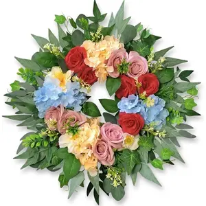 24" Mixed Flower Wreath for Front Door - Artificial Red Pink Rose & Hydrangea Floral Wreath - Multi-Foliage Spring Summer Decor for Outside Porch, Window, Wall Hanging