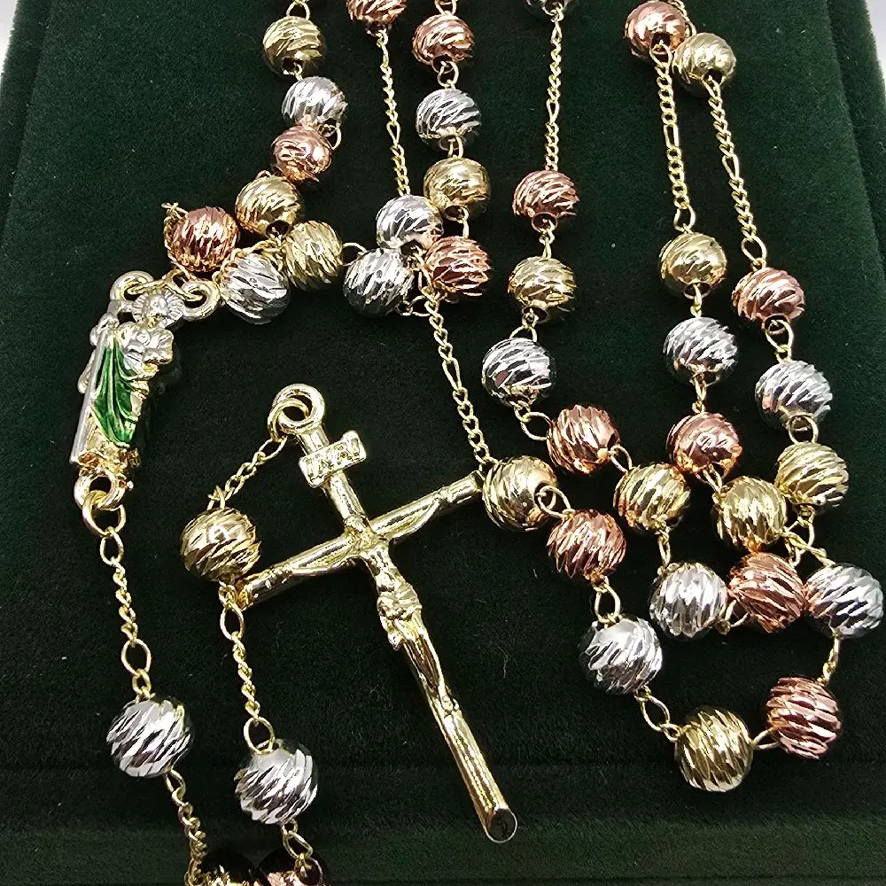 Tricolor Gold-Plated Rosary - San Judas or Virgen de Guadalupe Design, 22" or 24" Lengths