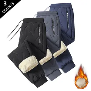 Men's Three-Piece Winter Fleece-Lined Jogger Pants with Thick Warm Fleece Lining, Drawstring Waistband and Zippered Pockets, Suitable for Casual Everyday Wear, Versatile and Stylish Men's Cotton Pants with Straight-Leg Jogger Design