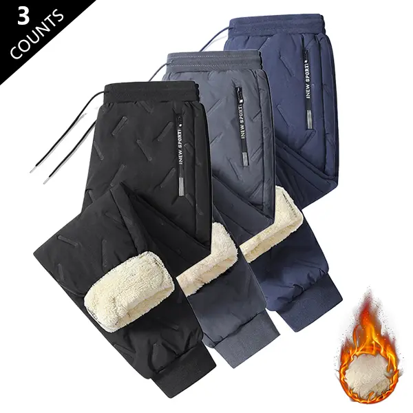 Men's Three-Piece Winter Fleece-Lined Jogger Pants with Thick Warm Fleece Lining, Drawstring Waistband and Zippered Pockets, Suitable for Casual Everyday Wear, Versatile and Stylish Men's Cotton Pants with Straight-Leg Jogger Design