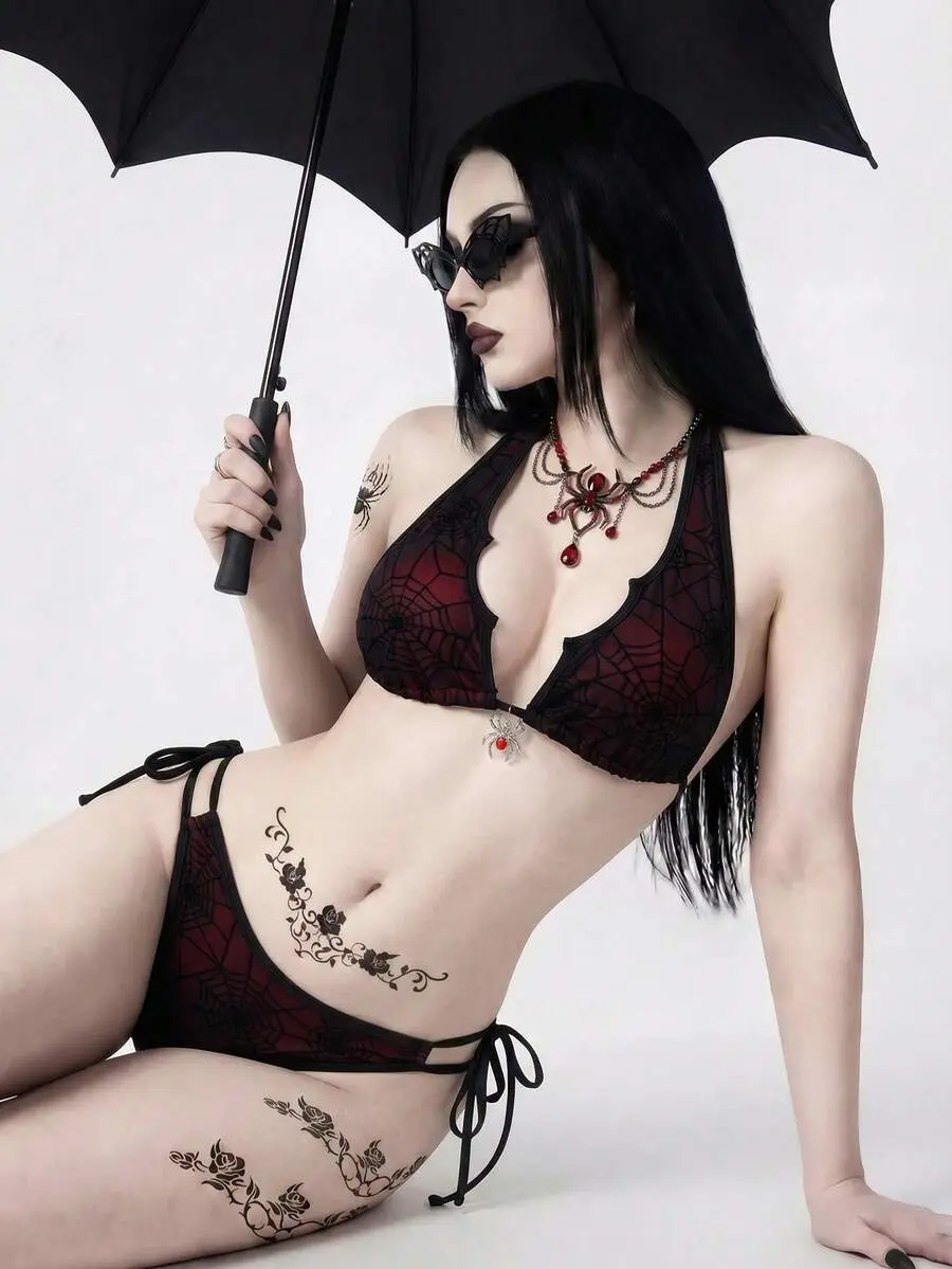VEXA Women Gothic Punk Spider Web Flocked Mesh Bikini Set With Pendant,Halter Asymmetrical Top,Hollow Out Bottoms,Goth Dark Green Summer Beach Party