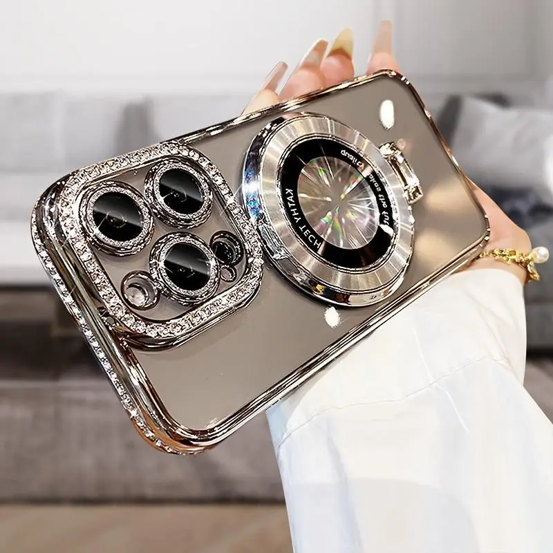 Artificial Rhinestone Decor Phone Case, Smartphone Protector, Anti-fall Shockproof Phone Cover with Stand, Phone Accessories Compatible with iPhone 15