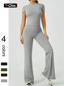 2 piece set women's sports suit, half high neck short sleeved high waisted flip top flared pants soft and comfortable high stretch yoga clothes gym exercise training Pilates golf high-end sports clothes Workout Set Stretchy Suit Set Pilates Yoga Wear