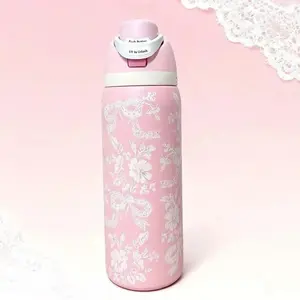 32oz Pink Floral Lace Insulated Water Bottle, Stainless Steel Bottle with Straw Lid & Carry Handle