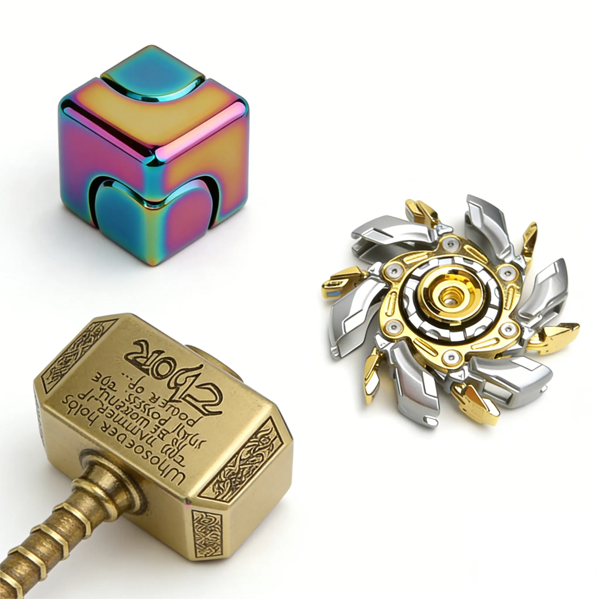 Multifunction Rotatable Alloy Fidget Set - Hammer, Gyro, Cube Block, Sensory Clicker, Keychain - Unisex DIY Metal Fidget Toys for Adults, Quiet Office Stress Relief Desk Toy for Anxiety & ADHD