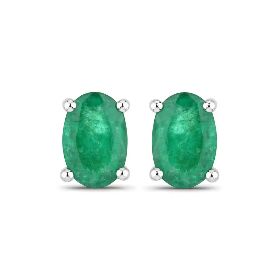 0.88 Ct Oval Green Zambian Emerald Prong 10K Gold Stud Earrings