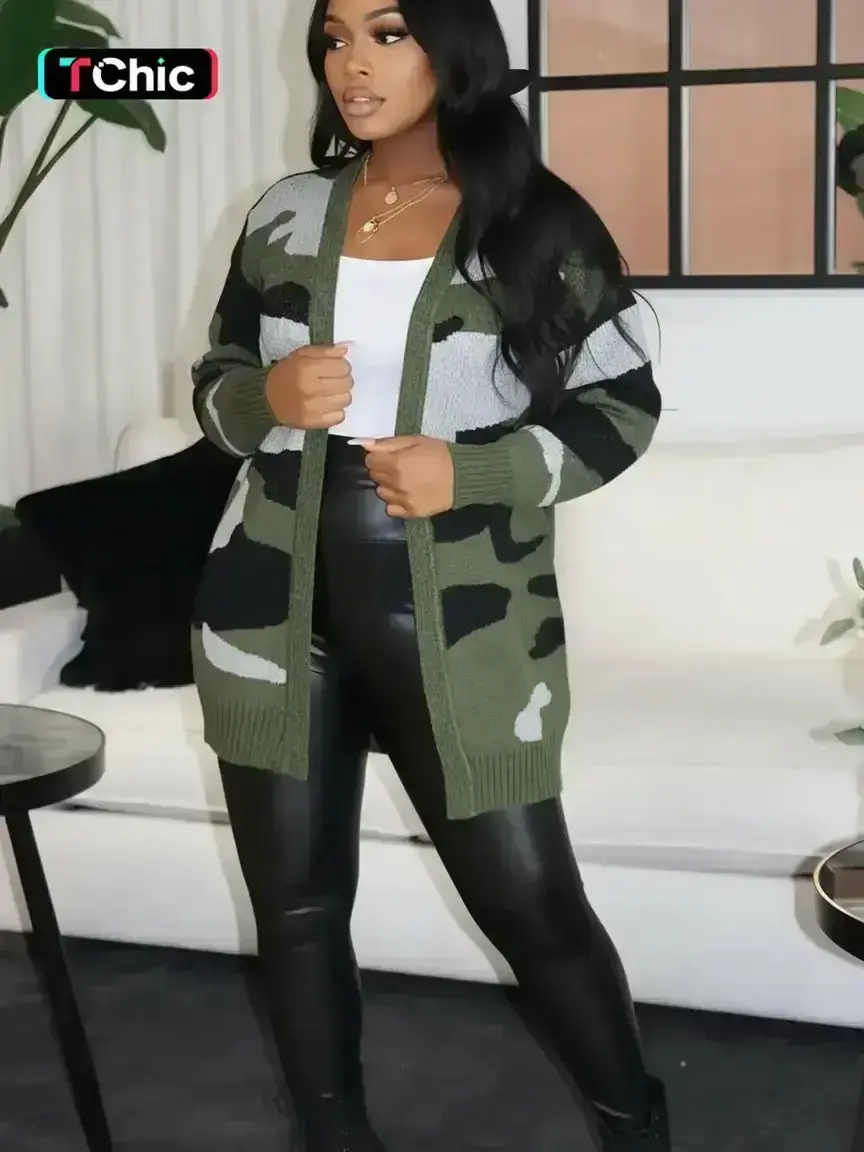 Women's Camo Print Open Front Cardigan, Loose, Casual Long Sleeve Drop Shoulder Knit Outerwear, Ladies Fall & Winter Clothes, Women Fall Outfit, Colorblock Midi Cardigan Sweater, Camouflage, Knitwear, Womenswear