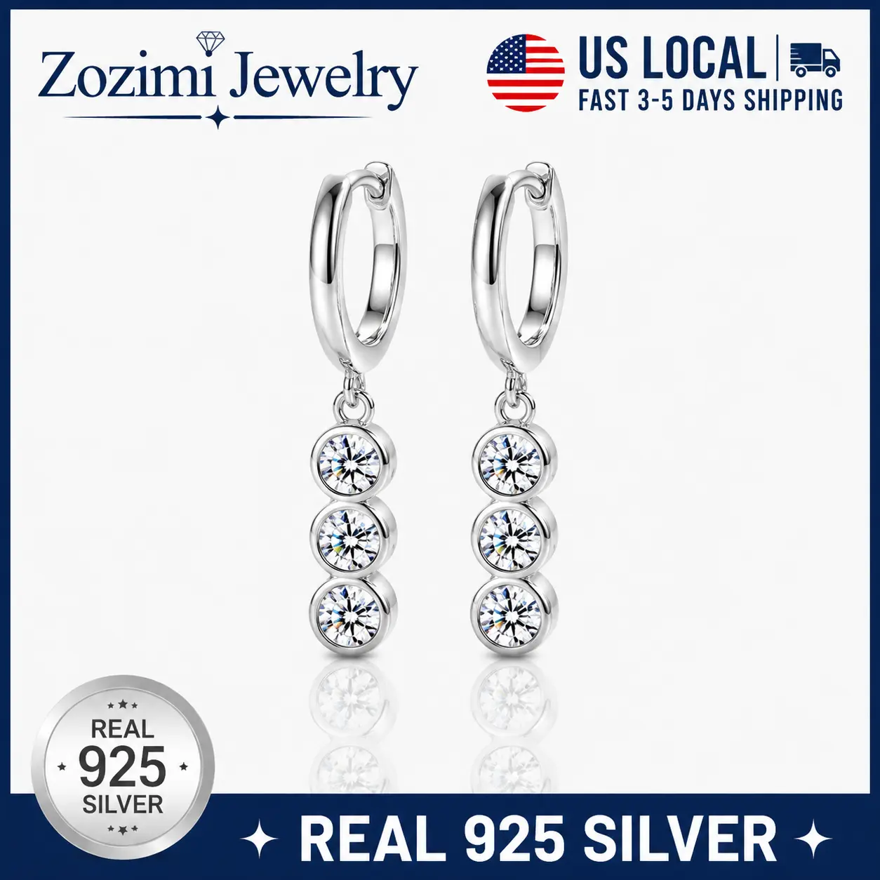 925 Sterling Silver Minimalist Linear Triple CZ Dangle Huggie Hoop Earrings Bezel Set Sparkling Round Zircon Vertical Drop Hoops Rhodium Plated Non Tarnish Fashion Jewelry For Office Daily Brunch Club Party Birthday Xmas Gift For Young Women Teen Girls