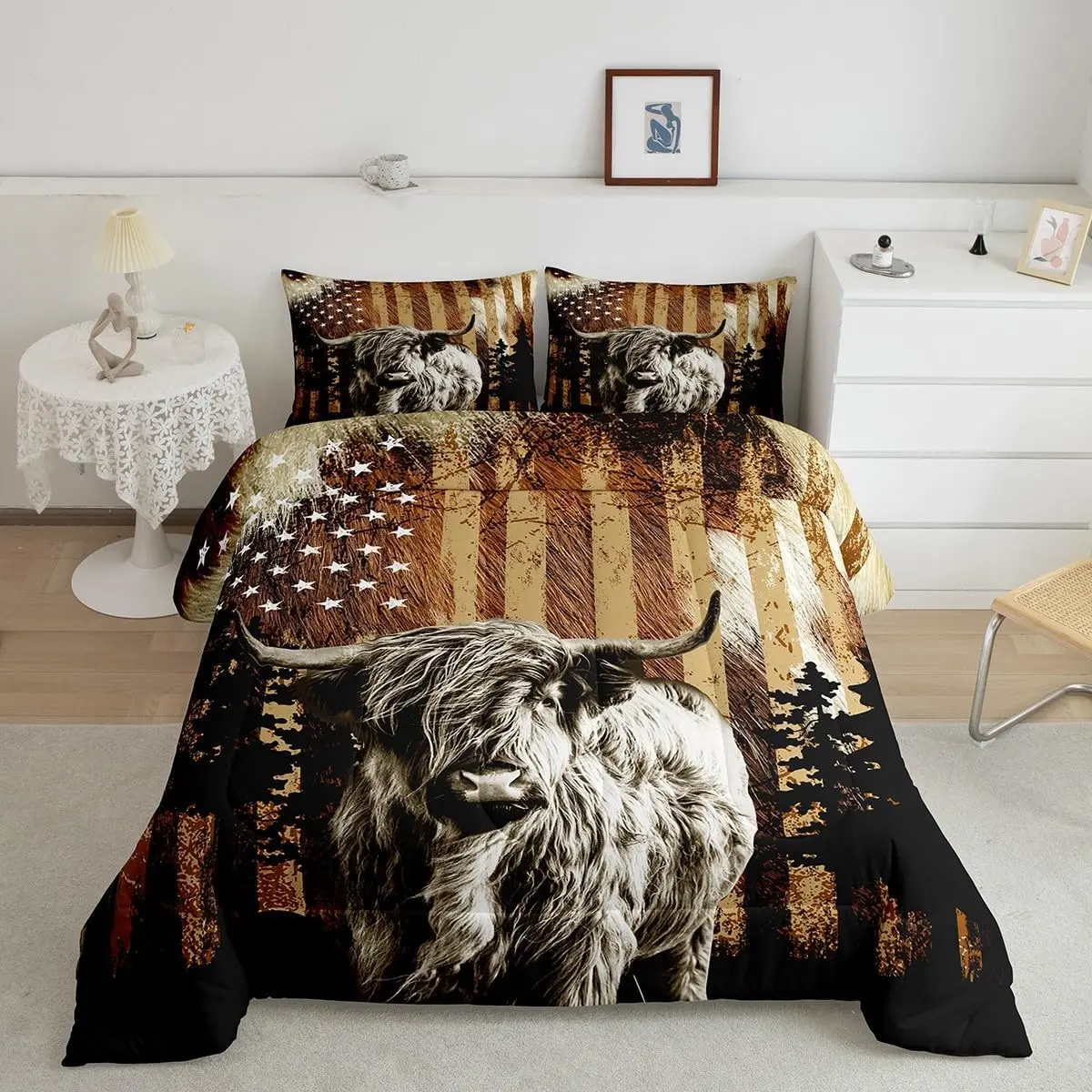 Luxury Highland Cow-American Flag Themed Microfiber Duvet Comforter Set, Decorative Bedding Set for Bedroom Decor