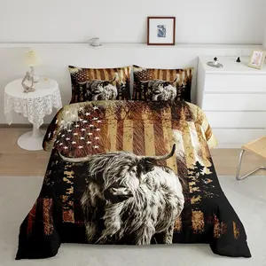 Luxury Highland Cow Pattern Bedding Set - Unique Design American Flag Themed Microfiber Duvet Comforter Set for Bedroom Decor