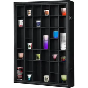 Shot Glass Display Case - 34 Shot Glass Holder Wall Rack Organizer Cabinet with Lock, UV Protection Acrylic Door and Removable Shelf, Black