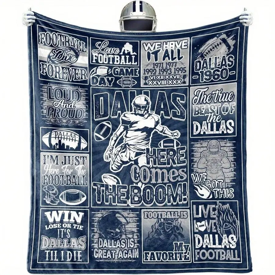 Dallas Flannel Blanket - Tear-Resistant Flannel Texture Throw, Multi-Size Football Print, Blue and White Modern Design, Indoor Use, Ideal Men's Gift, With Team History, 30*40 In, 40*50In-Small For Kids, Polyester Fiber, 60*80In-Big For Adults, All Seasons