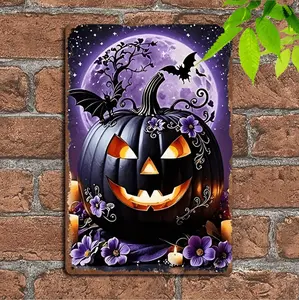 Vintage Halloween Iron Wall Art Decor Featuring Rust Resistant Weatherproof Pumpkin and Bats Sign Perfect for Porch Garden and Club Spaces White