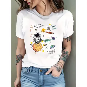 Womens Cute Space Astronaut Galaxy Graphic Tee Short Sleeve Crewneck Casual Loose Fit Summer Top Soft Cotton Outfit for Jeans Travel