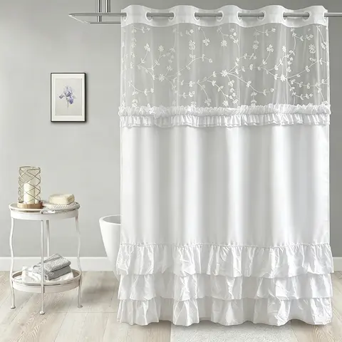 Elegant Hookless Ruffle Shower Curtain，Dual Removable Waterproof Layers with Embroidered Sheer Top, Snap-On Washable Bathroom Curtain 71*74inhch