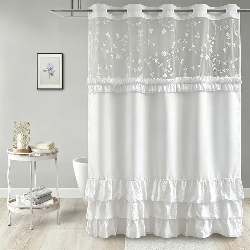 Elegant Hookless Ruffle Shower Curtain，Dual Removable Waterproof Layers with Embroidered Sheer Top, Snap-On Washable Bathroom Curtain 71*74 in