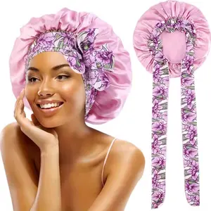 Women's Floral Satin Bonnet Lace Up Bowknot Elastic Sleeping Night Cap Shower  Print Accessory Comfort