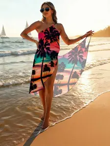 Women's Summer Beachwear Coconut Tree Print Swimsuit Cover-Up Dress, Sexy One-Piece Bikini Wrap Skirt, Casual Party Vacation Style, Swimsuit Cover Ups