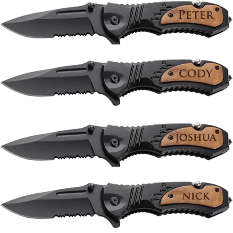 4-Piece Engraved Folding Pocket Knife Set, Custom Wood Handle Hunting Knives with Gift Box, Personalized Groomsmen Gift for Dad