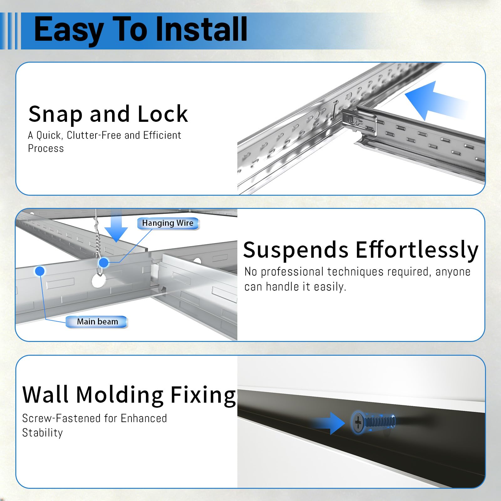 Drop Ceiling Grid System，Complete Set White Galvanized Steel Grid Kit Rust & Fire Resistance Easy Installation for Basement Living Room Kitchen Bathroom Cover 64 Sq.Ft