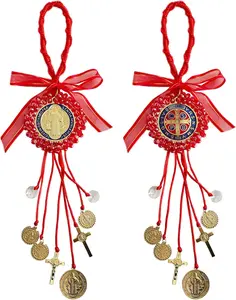 2PCS Golden Saint Benedict Medal Protection Blessing Charm, St Benedict Crucifix, Catholic Handmade Jewelry Gift Car Hanging Home Decor 2Red&Blue Saint Benedict