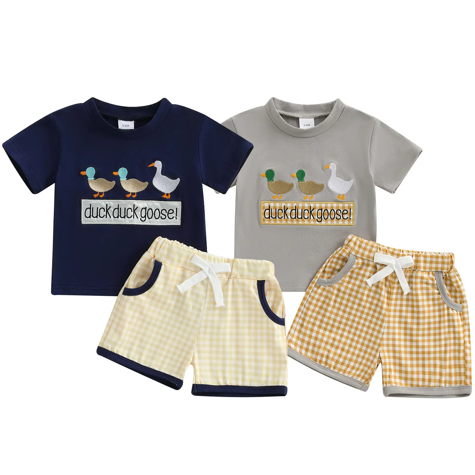 Toddler Baby Boy Summer Outfit Duck Duck Goose Embroidery Short Sleeve T-Shirt Tops Plaid Elastic Waist Shorts Farm Tracksuit
