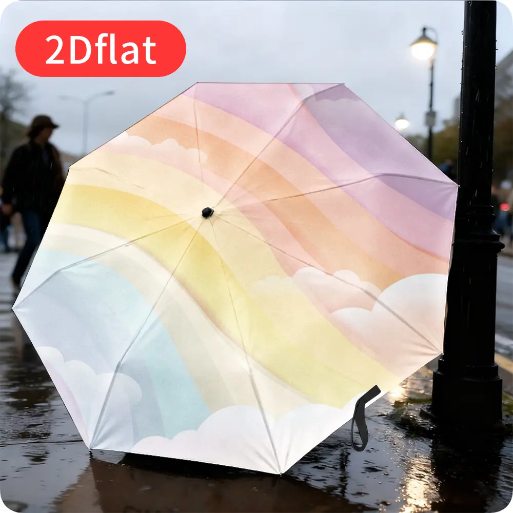 A rainbow-themed folding umbrella featuring a 2D flat print design with soft gradient colors and cloud decorations. Lightweight and portable, suitable for various occasions, it boasts a durable canopy made of sturdy