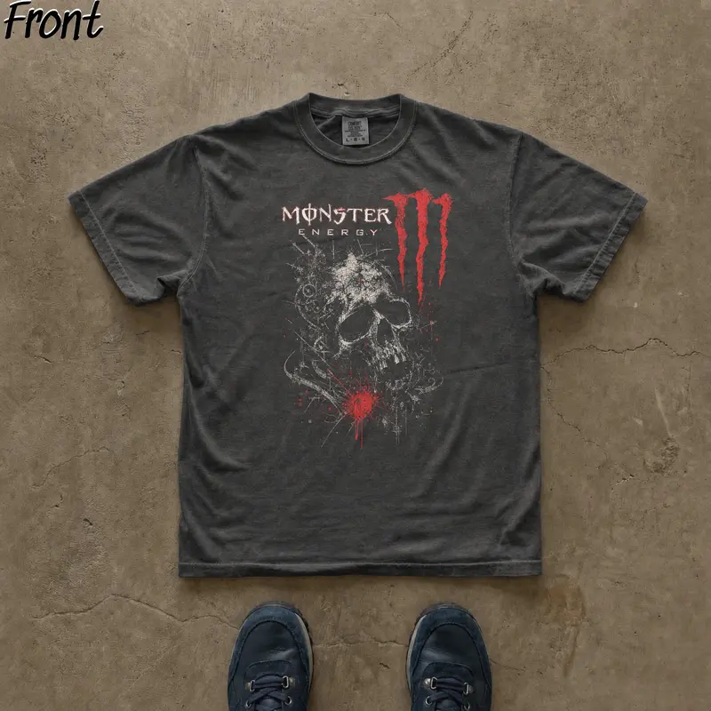Women's 100% Cotton Printed Round Neck Shortsleeve Tshirt - Vintage Monster Energy Gothic Skull Graphic T Shirts, Fitted Cut, Y2K Grunge Emo Casual Streetwear, Heavy Metal Merch, Lightweight Top