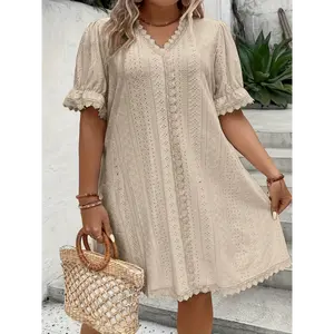 Elegant Pink V-Neck Knit Dress with Lace Trim and Eyelet Details - Casual Court Style, Loose Fit, Machine Washable - Women's Fashion, Allseason Attire|Chic Casual Wear|Machine Washable Fabric, Cute Dress