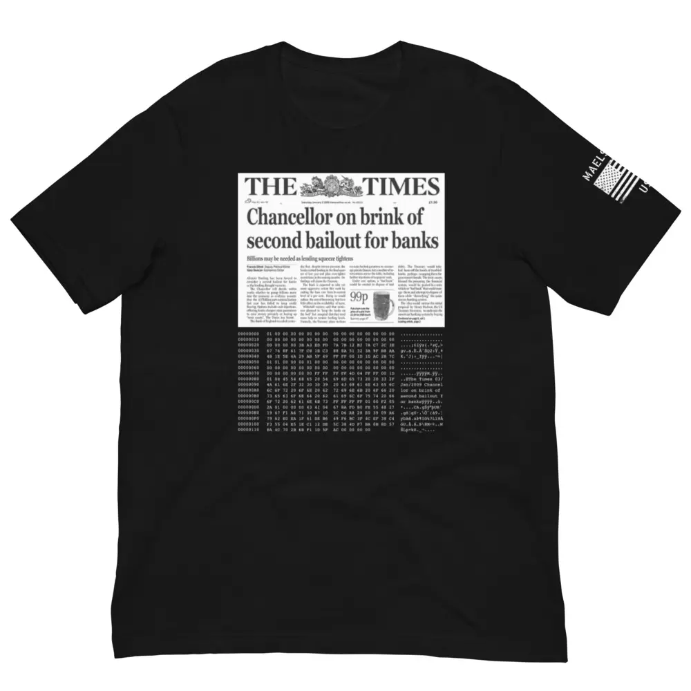 Bitcoin Genesis Block T-Shirt - Satoshi Nakamoto - BTC - USA Made