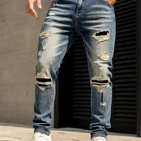 Men's jeans with cut and patched hole craftsmanship, retro blue slim stretch Denim fabric, multiple dark patches and irregular tear designs, vintage washed retro street style Streetwear, Ripped Distressed Jeans