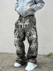 Men's Casual Camo Pants with Barbed Wire Print, Loose-Fit Drawstring Wide Leg Joggers, All-Season Comfortable Men's Clothing, Camouflage