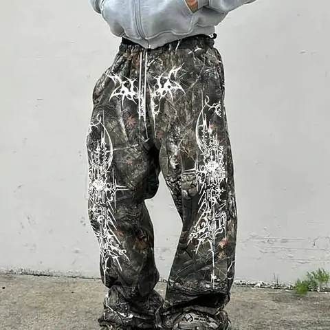 Men's Casual Camo Pants with Barbed Wire Print, Loose-Fit Drawstring Wide Leg Joggers, All-Season Comfortable Men's Clothing, Camouflage