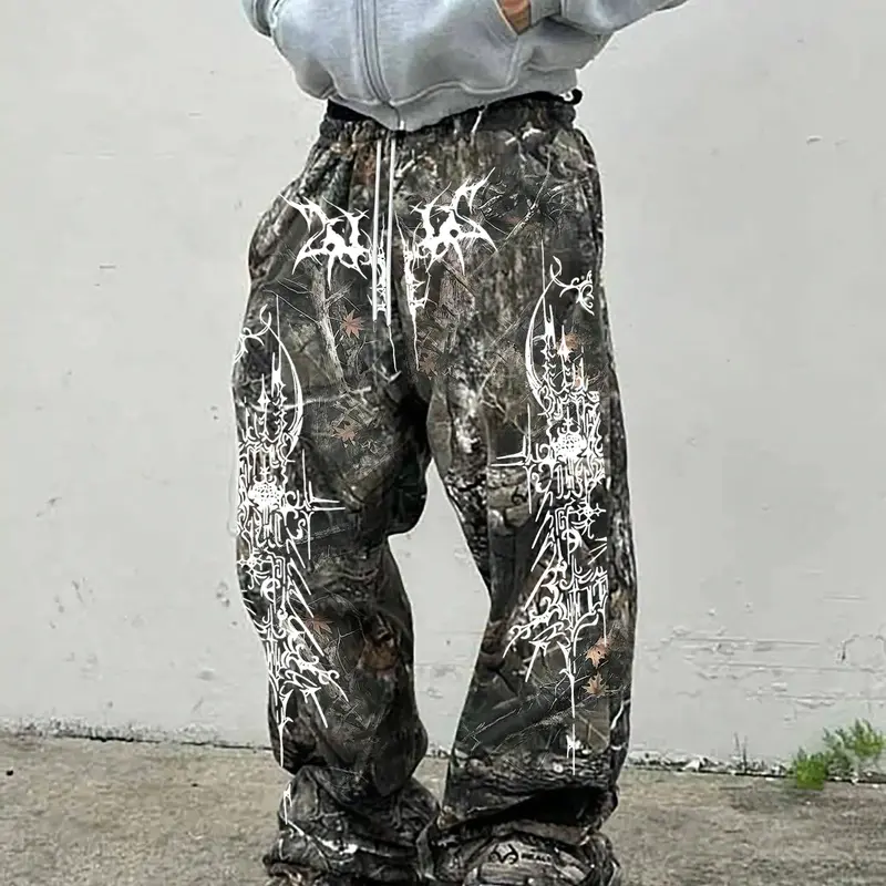 Men's Casual Camo Pants with Barbed Wire Print, Loose-Fit Drawstring Wide Leg Joggers, All-Season Comfortable Men's Clothing, Camouflage